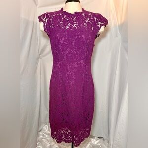 Merokeety Purple Lace Cocktail Dress M Floral Scalloped Hem Wedding Guest MIDI